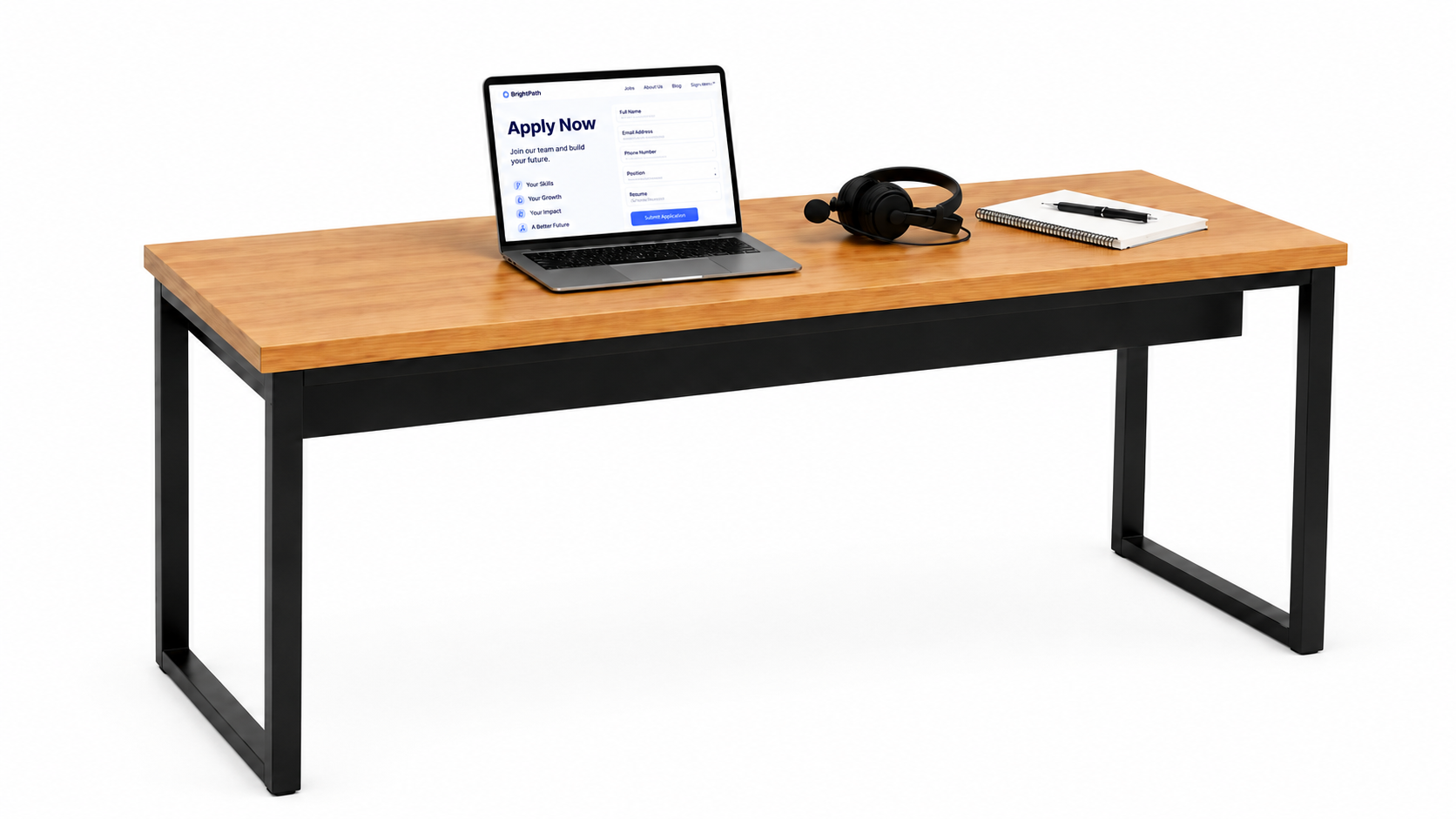 Home office desk with a laptop showing an EasyPage job application form