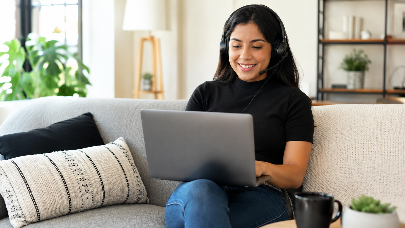 Remote agent working from home on a laptop with a headset